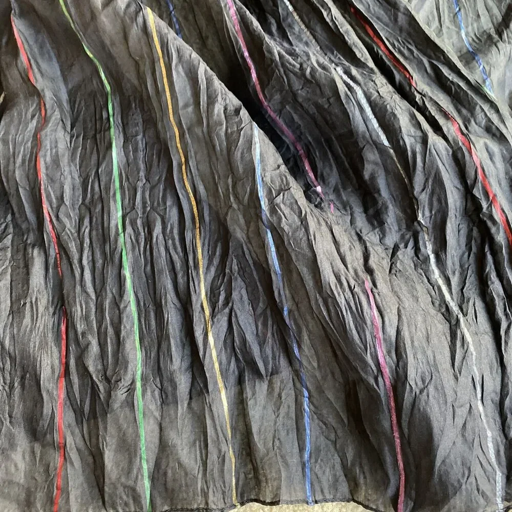 Silky black crinkle fabric scarf wrap shawl multicolor metallic ribbon stripes
